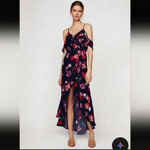 Express Floral Maxi Dress Small Blue Pink Ruffle High Low Wrap Faux Summer Boho